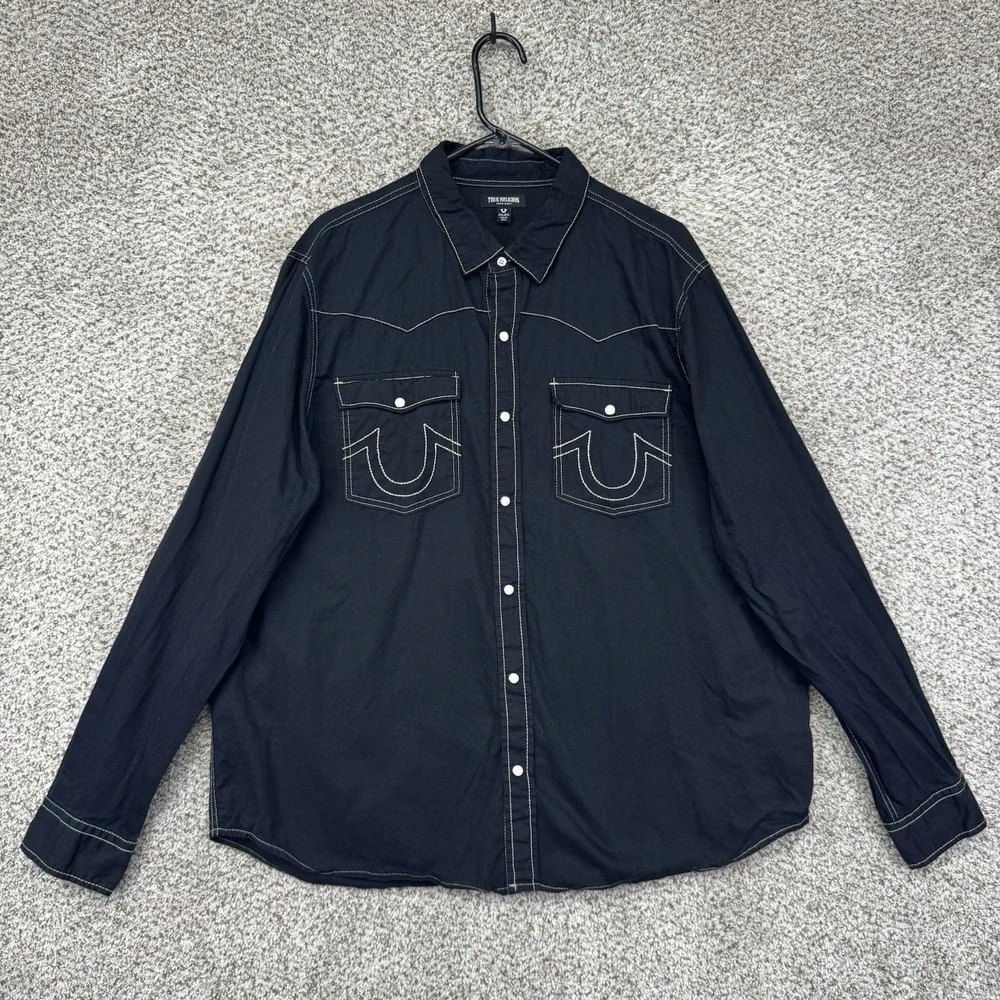 True Religion Big T Western Shirt Men's Size 2XL XXL Jet Black Pearl Snap Cowboy